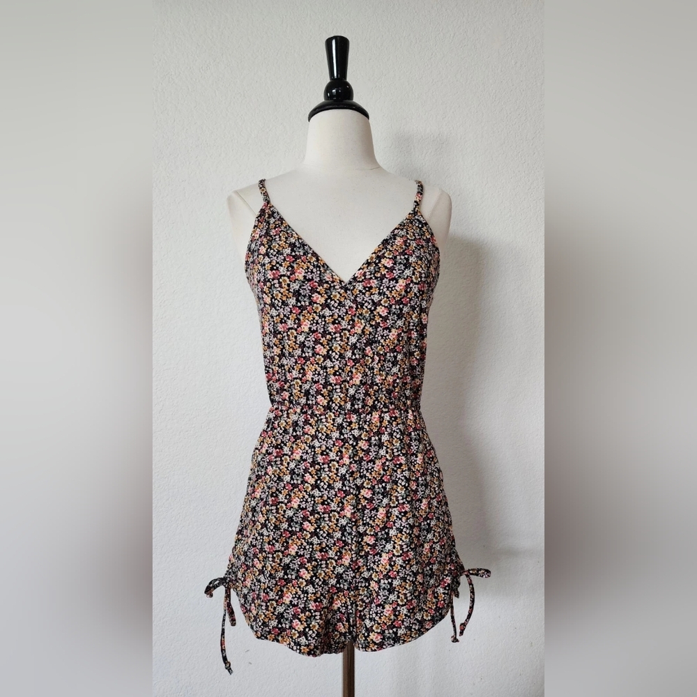 Floral Spaghetti Strap Romper - Black Base with Pink, Yellow & Cream Flowers